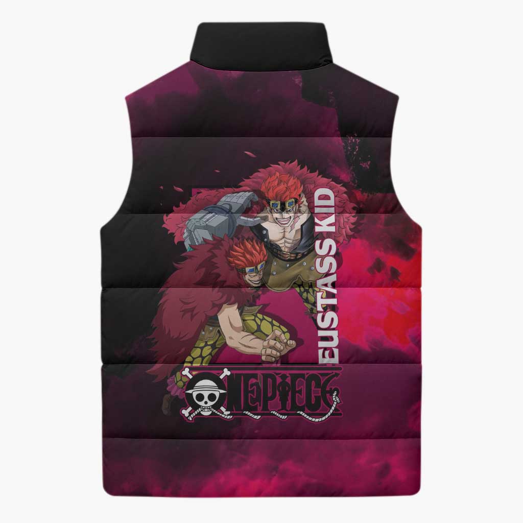 Eustass Kid One Piece Theme Red and Black Grunge Design Sleeveless Puffer Jacket with Mechanical Arm and Pirate Emblem - The Mazicc