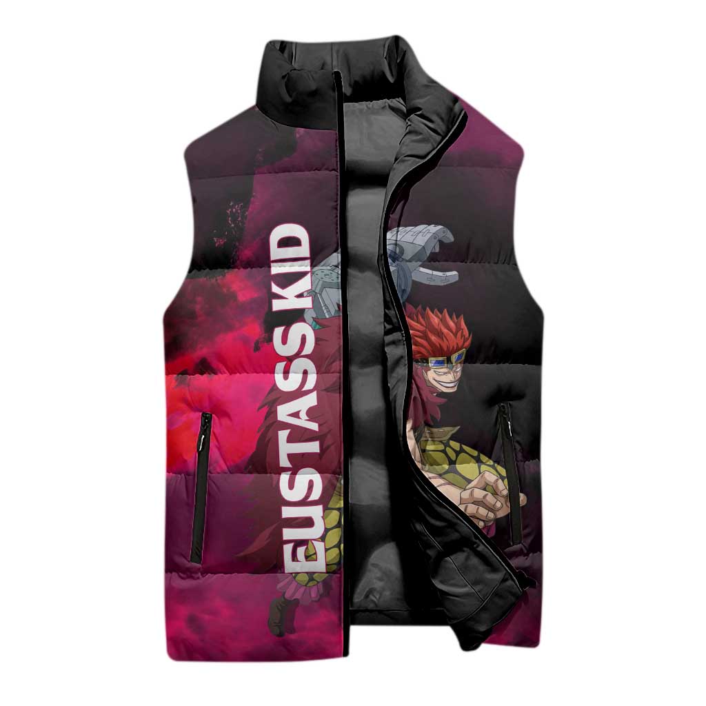 Eustass Kid One Piece Theme Red and Black Grunge Design Sleeveless Puffer Jacket with Mechanical Arm and Pirate Emblem - The Mazicc