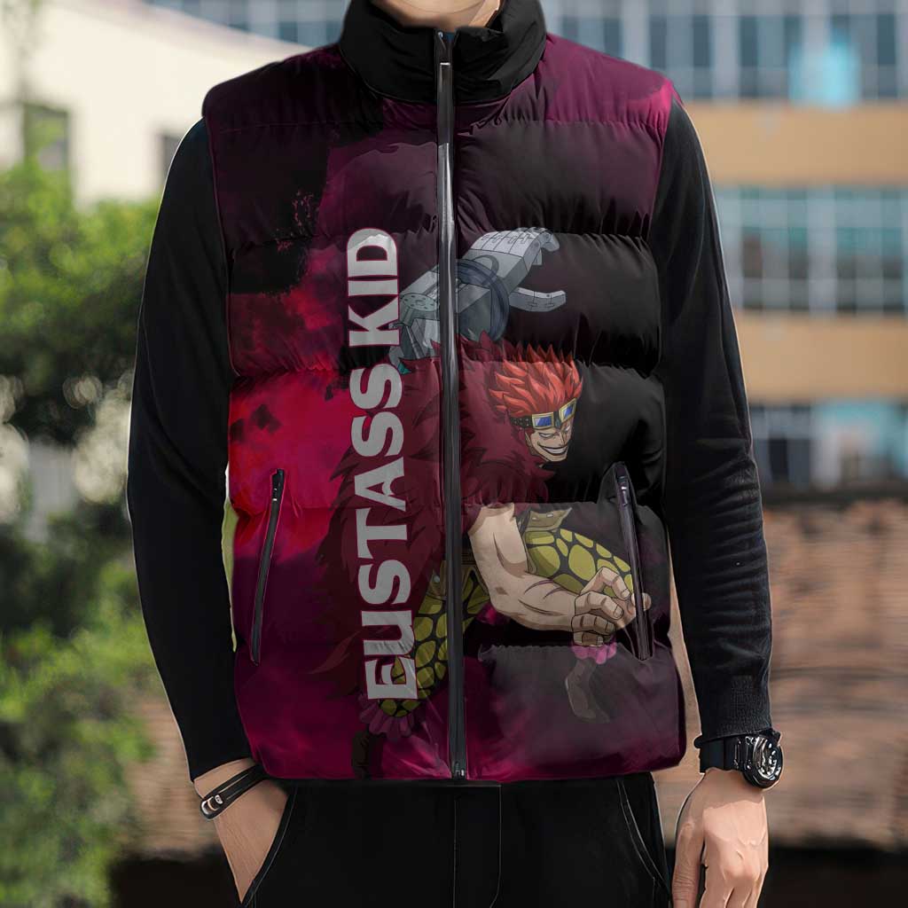 Eustass Kid One Piece Theme Red and Black Grunge Design Sleeveless Puffer Jacket with Mechanical Arm and Pirate Emblem - The Mazicc