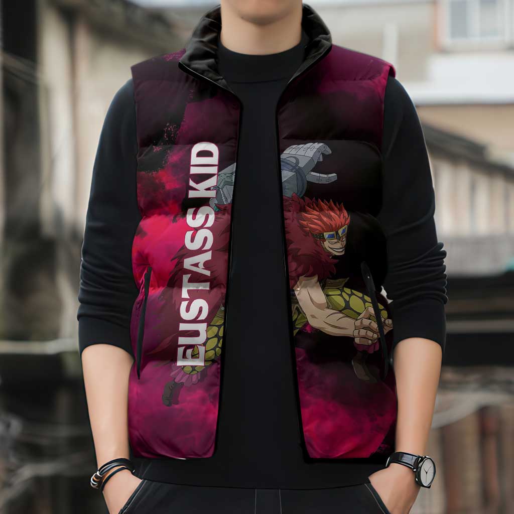 Eustass Kid One Piece Theme Red and Black Grunge Design Sleeveless Puffer Jacket with Mechanical Arm and Pirate Emblem - The Mazicc
