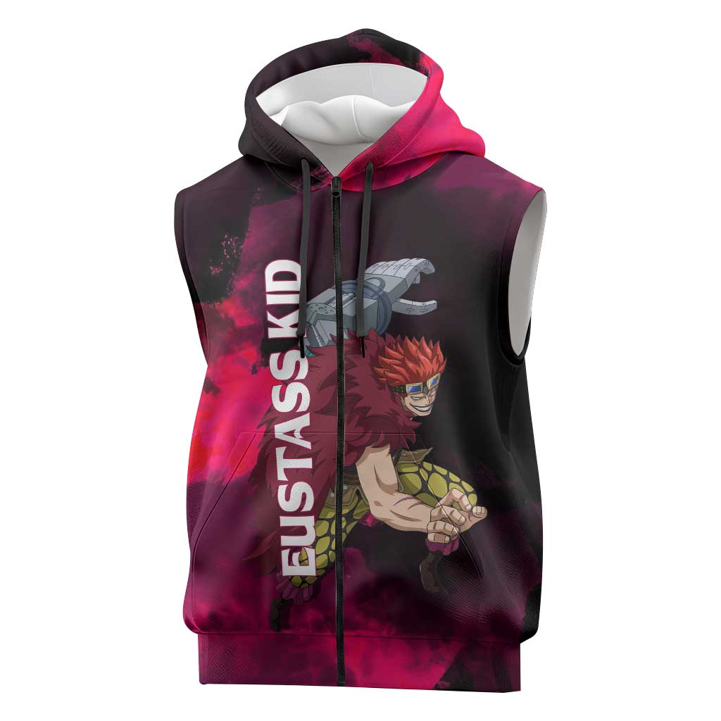 Eustass Kid One Piece Theme Red and Black Grunge Design Sleeveless Zip Hoodie with Mechanical Arm and Pirate Emblem - The Mazicc