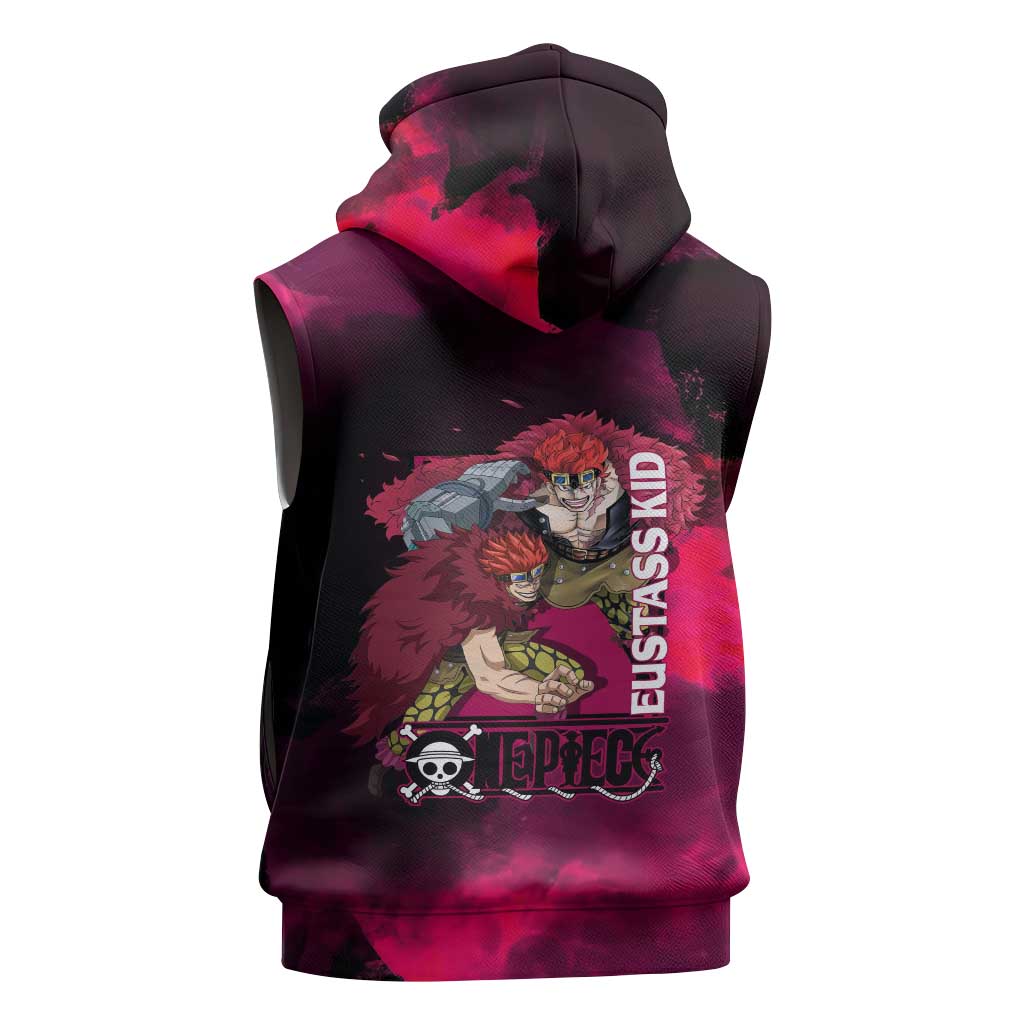 Eustass Kid One Piece Theme Red and Black Grunge Design Sleeveless Zip Hoodie with Mechanical Arm and Pirate Emblem - The Mazicc