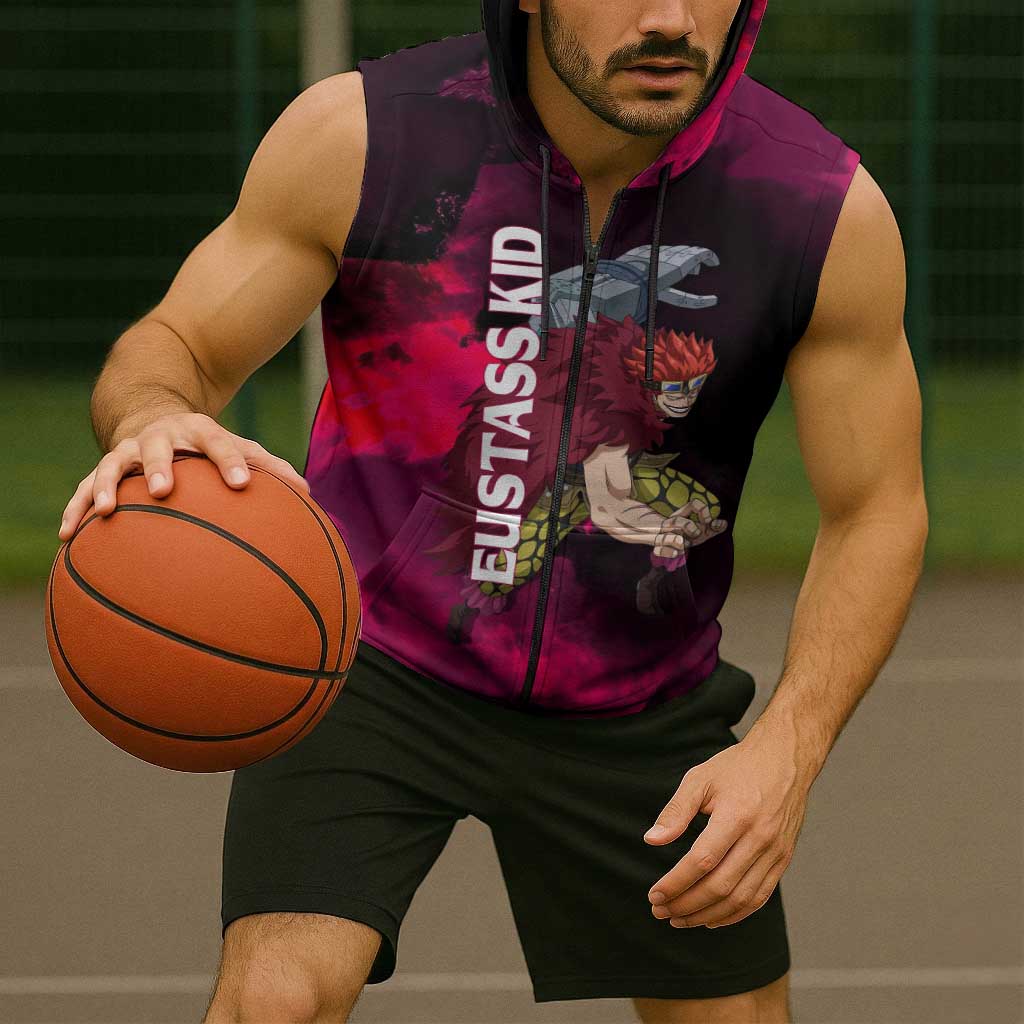 Eustass Kid One Piece Theme Red and Black Grunge Design Sleeveless Zip Hoodie with Mechanical Arm and Pirate Emblem - The Mazicc