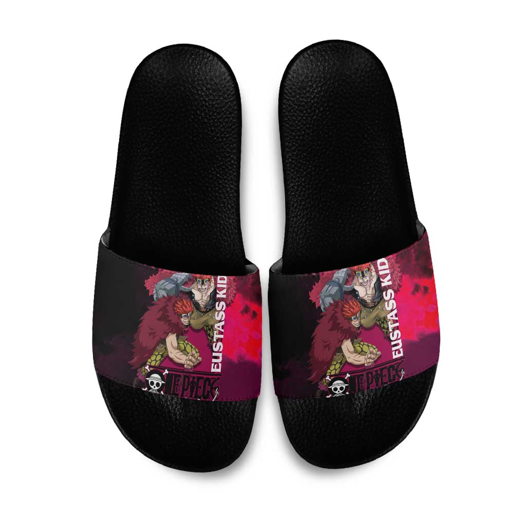 Eustass Kid One Piece Theme Red and Black Grunge Design Slide Sandals with Mechanical Arm and Pirate Emblem - The Mazicc