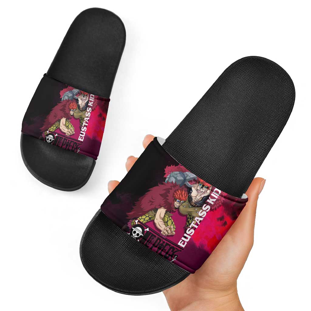 Eustass Kid One Piece Theme Red and Black Grunge Design Slide Sandals with Mechanical Arm and Pirate Emblem - The Mazicc