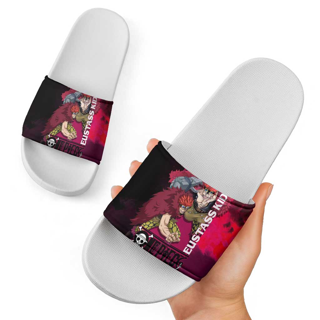 Eustass Kid One Piece Theme Red and Black Grunge Design Slide Sandals with Mechanical Arm and Pirate Emblem - The Mazicc
