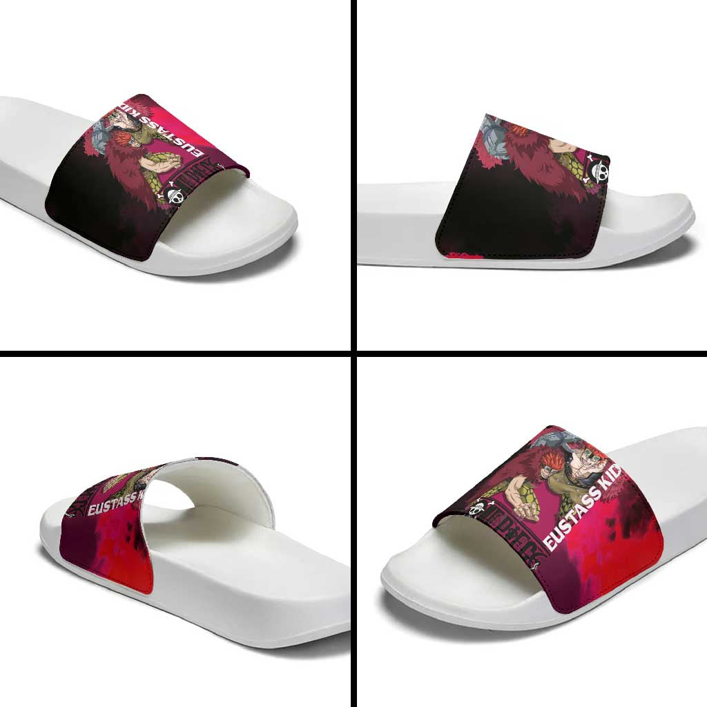 Eustass Kid One Piece Theme Red and Black Grunge Design Slide Sandals with Mechanical Arm and Pirate Emblem - The Mazicc