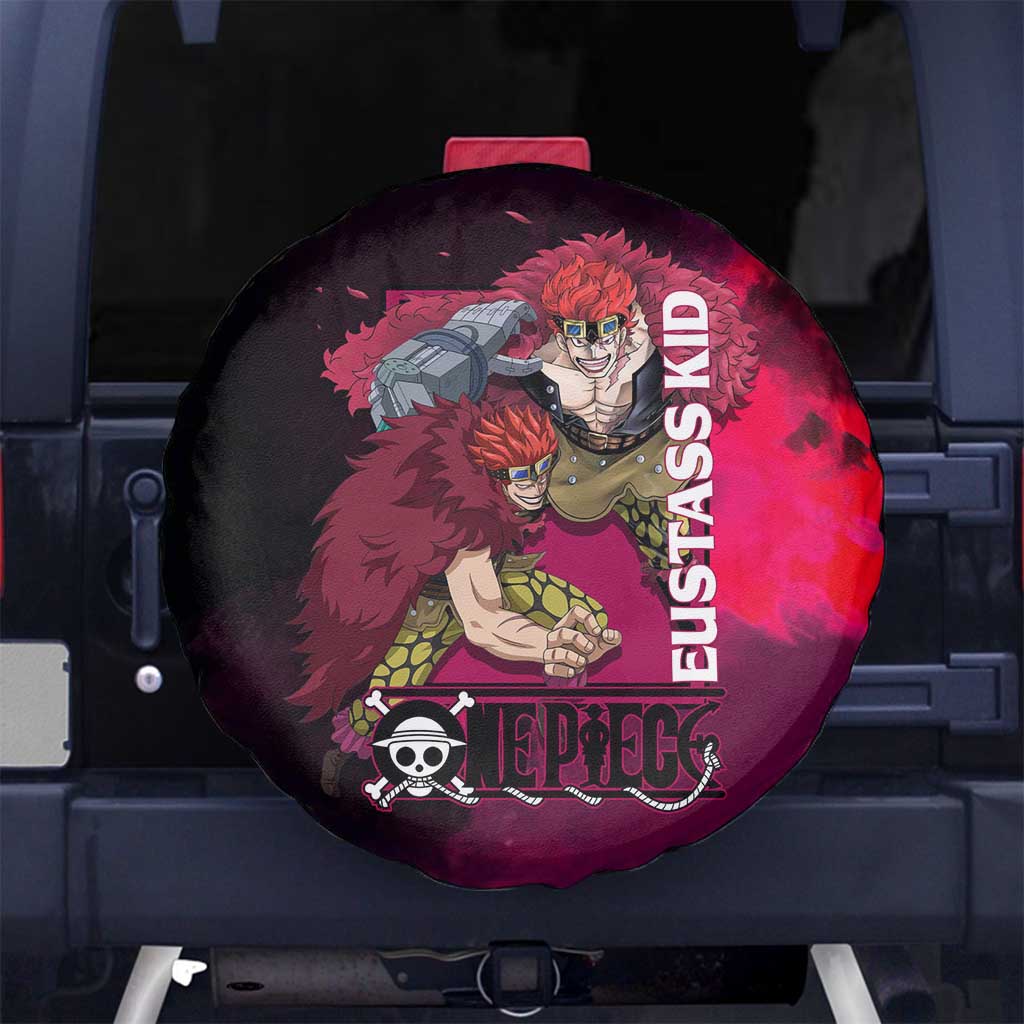 Eustass Kid One Piece Theme Red and Black Grunge Design Spare Tire Cover with Mechanical Arm and Pirate Emblem - The Mazicc