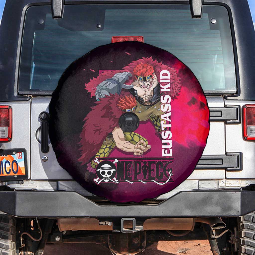Eustass Kid One Piece Theme Red and Black Grunge Design Spare Tire Cover with Mechanical Arm and Pirate Emblem - The Mazicc