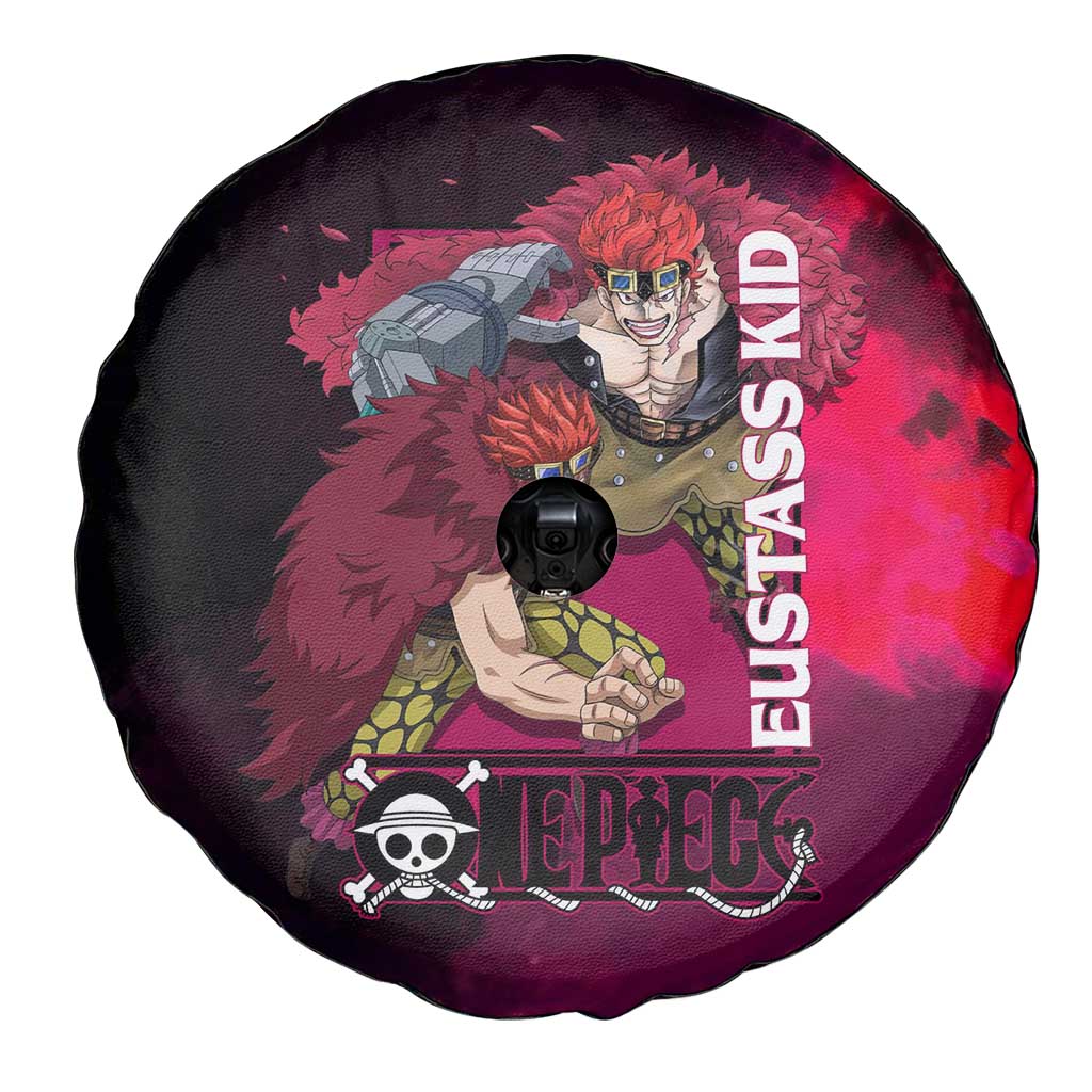 Eustass Kid One Piece Theme Red and Black Grunge Design Spare Tire Cover with Mechanical Arm and Pirate Emblem - The Mazicc