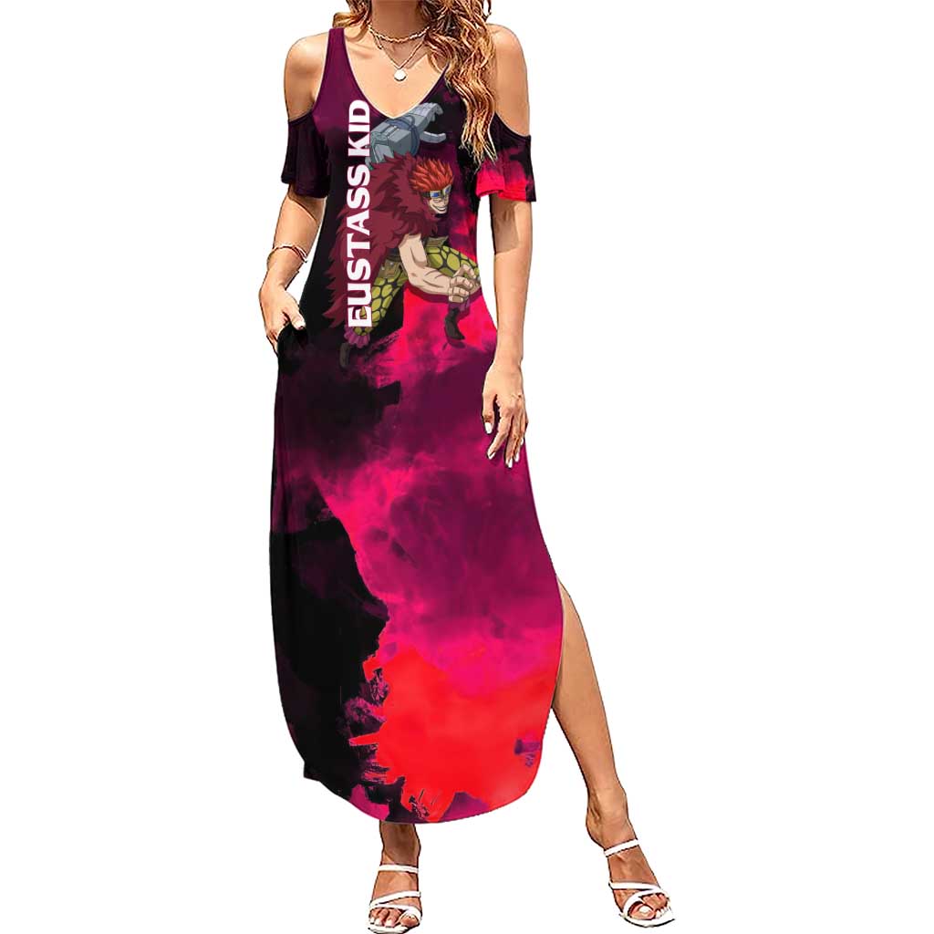 Eustass Kid One Piece Theme Red and Black Grunge Design Summer Maxi Dress with Mechanical Arm and Pirate Emblem - The Mazicc