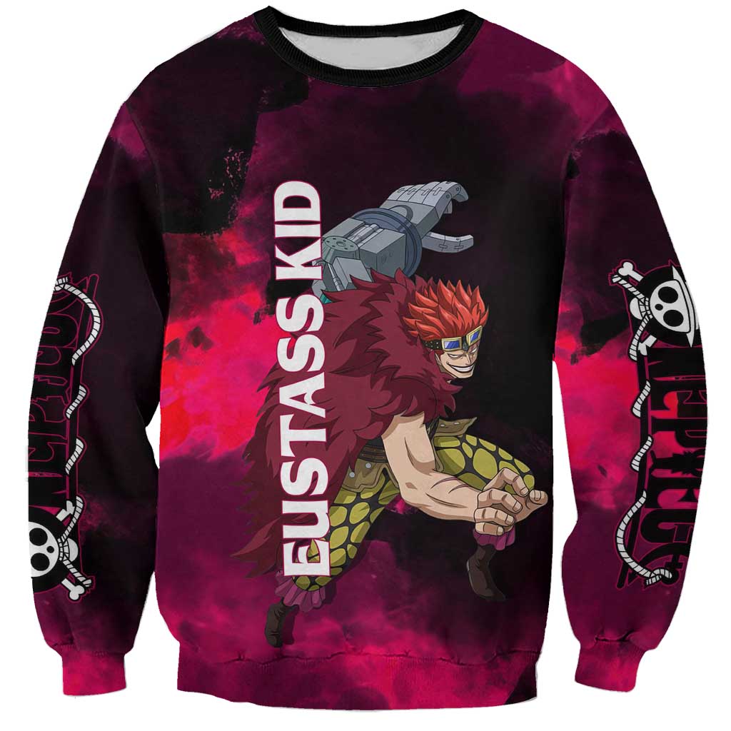 Eustass Kid One Piece Theme Red and Black Grunge Design Sweatshirt with Mechanical Arm and Pirate Emblem - The Mazicc