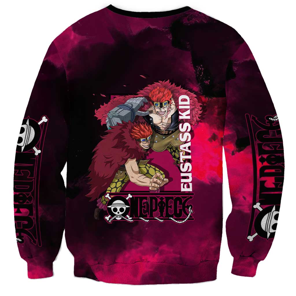 Eustass Kid One Piece Theme Red and Black Grunge Design Sweatshirt with Mechanical Arm and Pirate Emblem - The Mazicc