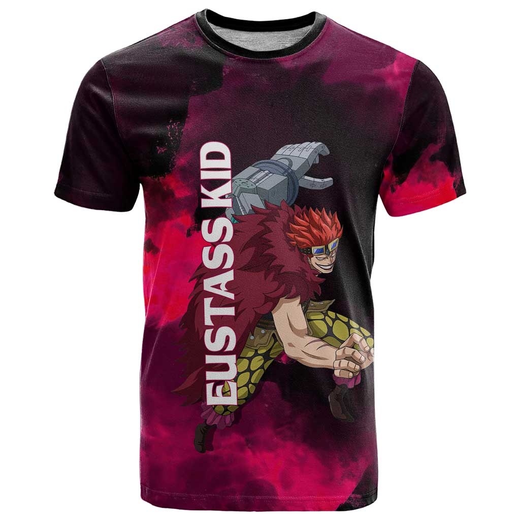 Eustass Kid One Piece Theme Red and Black Grunge Design T Shirt with Mechanical Arm and Pirate Emblem - The Mazicc