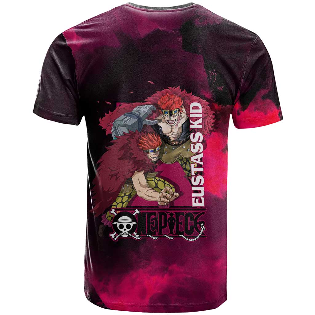 Eustass Kid One Piece Theme Red and Black Grunge Design T Shirt with Mechanical Arm and Pirate Emblem - The Mazicc