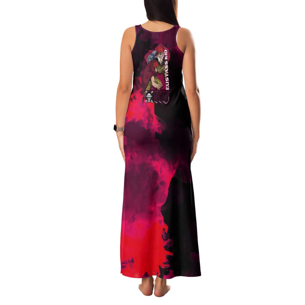 Eustass Kid One Piece Theme Red and Black Grunge Design Tank Maxi Dress with Mechanical Arm and Pirate Emblem - The Mazicc