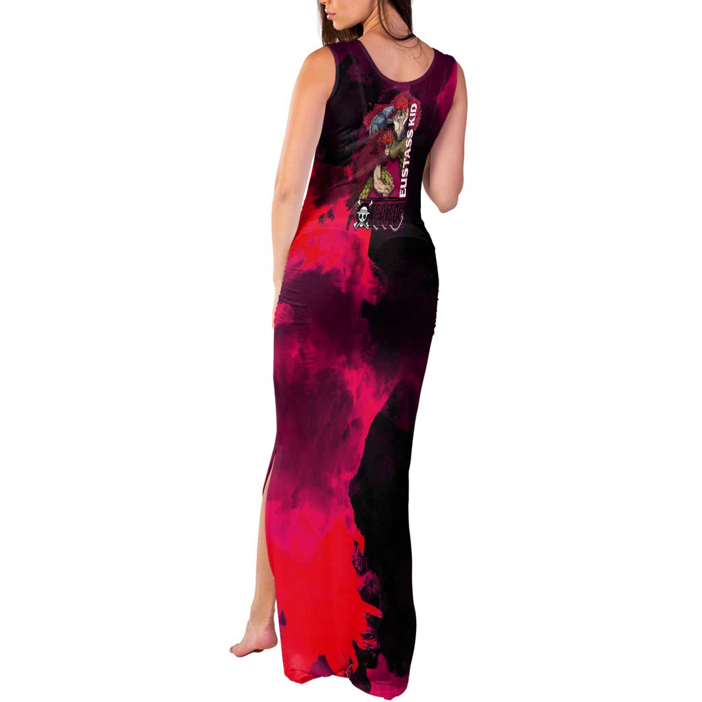 Eustass Kid One Piece Theme Red and Black Grunge Design Tank Maxi Dress with Mechanical Arm and Pirate Emblem - The Mazicc