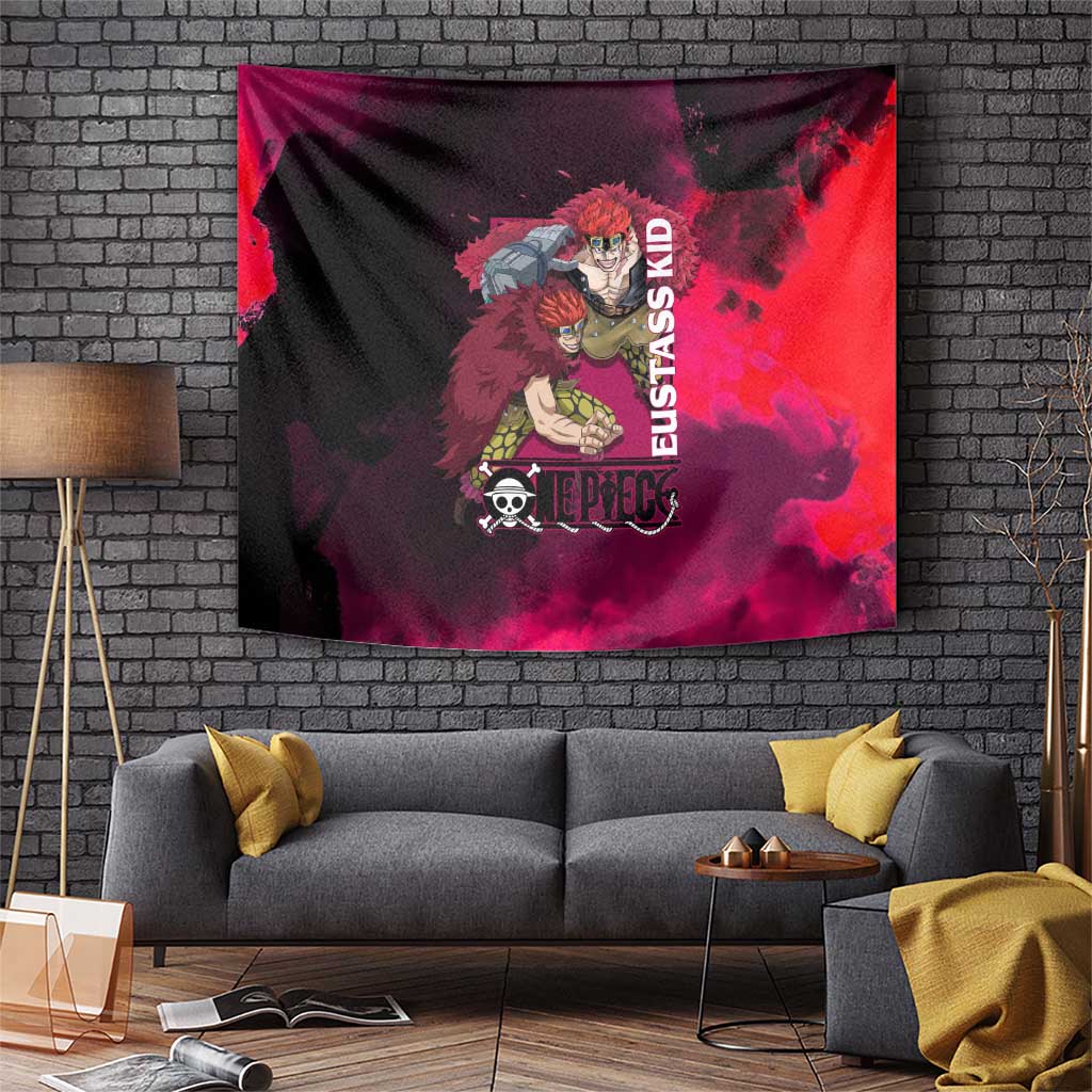 Eustass Kid One Piece Theme Red and Black Grunge Design Tapestry with Mechanical Arm and Pirate Emblem - The Mazicc