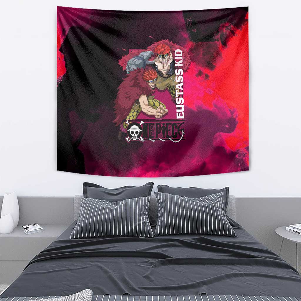 Eustass Kid One Piece Theme Red and Black Grunge Design Tapestry with Mechanical Arm and Pirate Emblem - The Mazicc