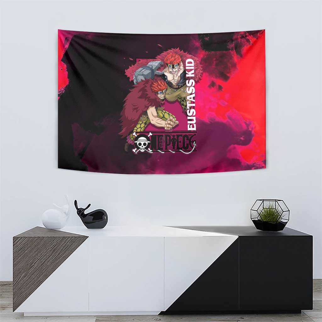 Eustass Kid One Piece Theme Red and Black Grunge Design Tapestry with Mechanical Arm and Pirate Emblem - The Mazicc