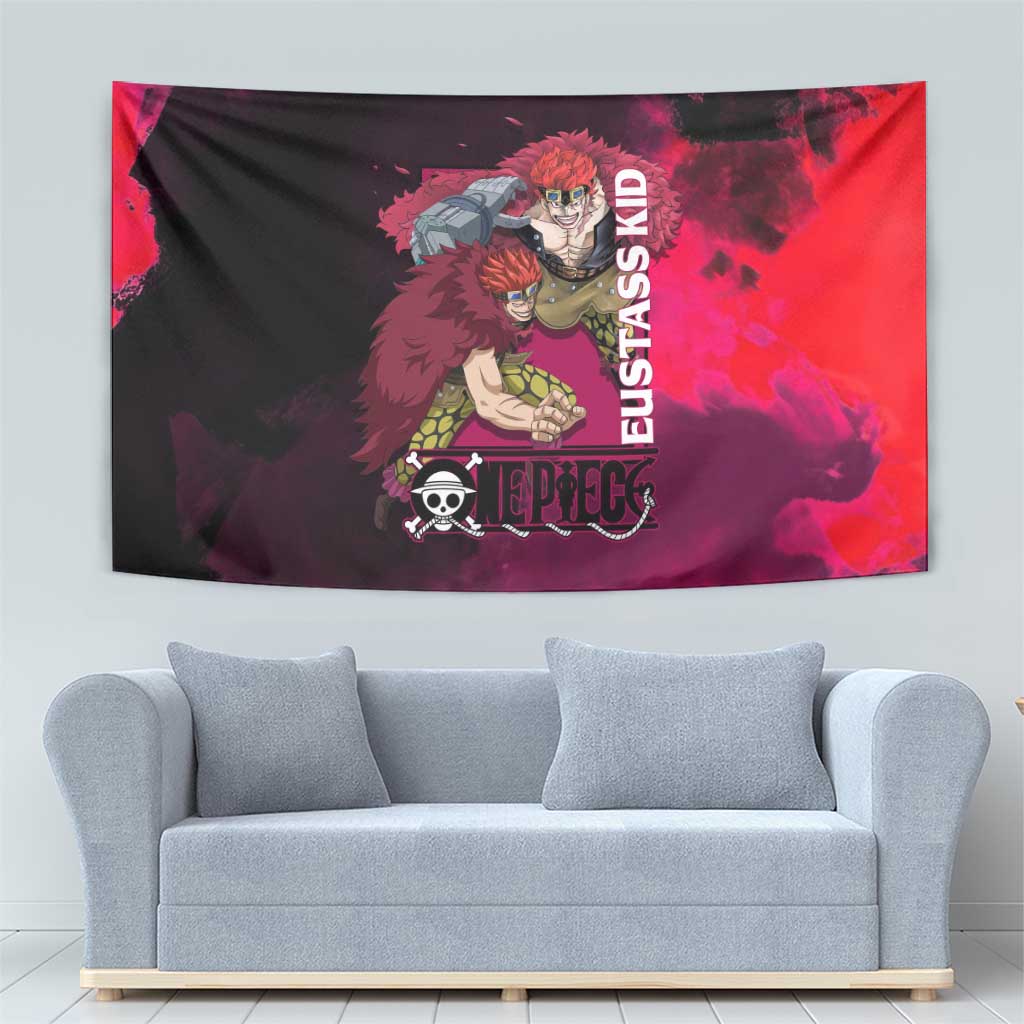 Eustass Kid One Piece Theme Red and Black Grunge Design Tapestry with Mechanical Arm and Pirate Emblem - The Mazicc