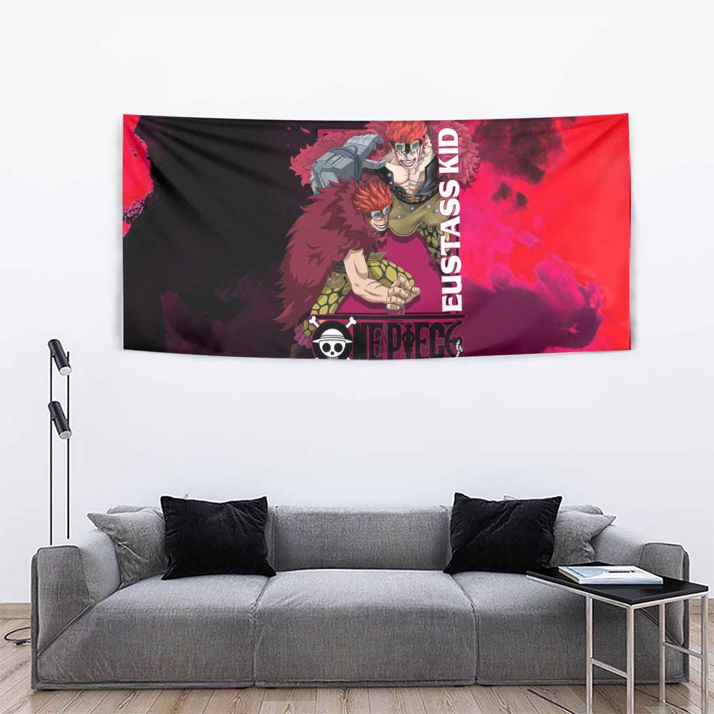 Eustass Kid One Piece Theme Red and Black Grunge Design Tapestry with Mechanical Arm and Pirate Emblem - The Mazicc