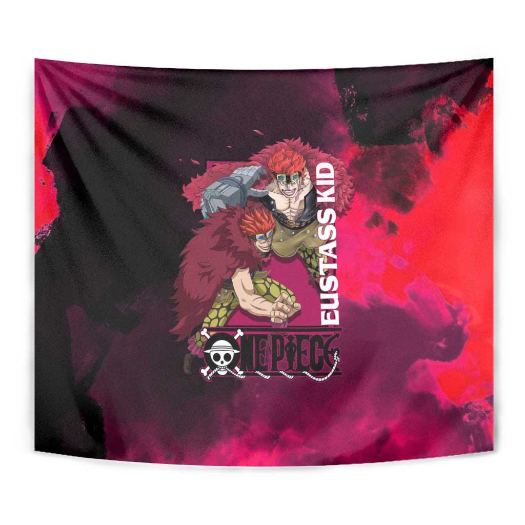 Eustass Kid One Piece Theme Red and Black Grunge Design Tapestry with Mechanical Arm and Pirate Emblem - The Mazicc