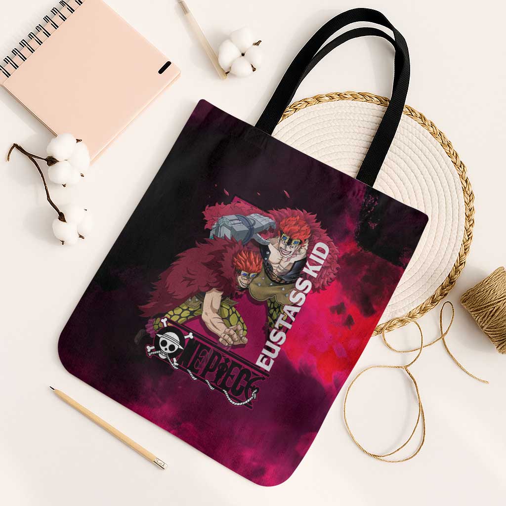 Eustass Kid One Piece Theme Red and Black Grunge Design Tote Bag with Mechanical Arm and Pirate Emblem - The Mazicc
