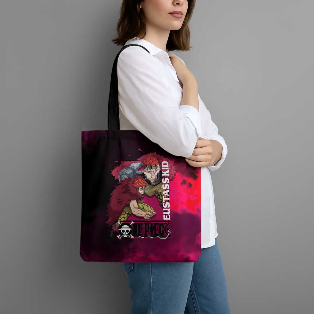 Eustass Kid One Piece Theme Red and Black Grunge Design Tote Bag with Mechanical Arm and Pirate Emblem - The Mazicc