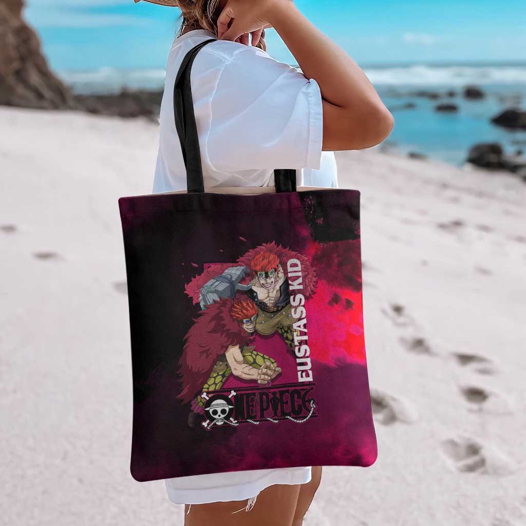 Eustass Kid One Piece Theme Red and Black Grunge Design Tote Bag with Mechanical Arm and Pirate Emblem - The Mazicc