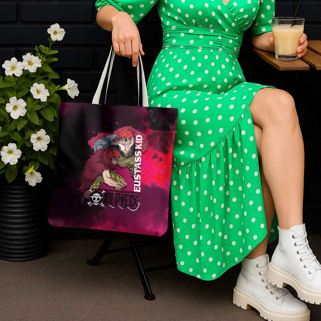 Eustass Kid One Piece Theme Red and Black Grunge Design Tote Bag with Mechanical Arm and Pirate Emblem - The Mazicc