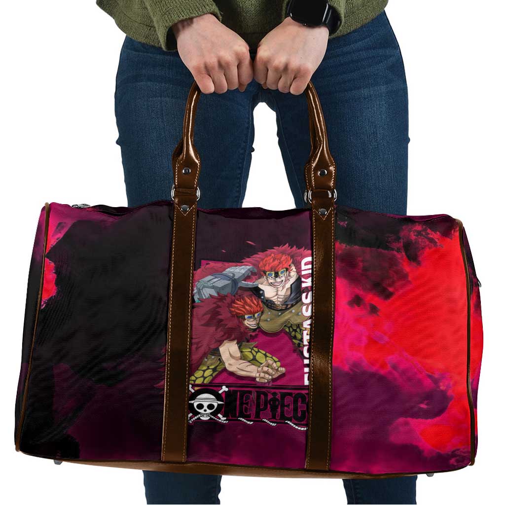 Eustass Kid One Piece Theme Red and Black Grunge Design Travel Bag with Mechanical Arm and Pirate Emblem - The Mazicc