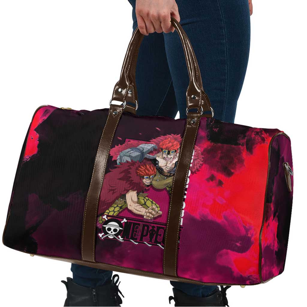 Eustass Kid One Piece Theme Red and Black Grunge Design Travel Bag with Mechanical Arm and Pirate Emblem - The Mazicc