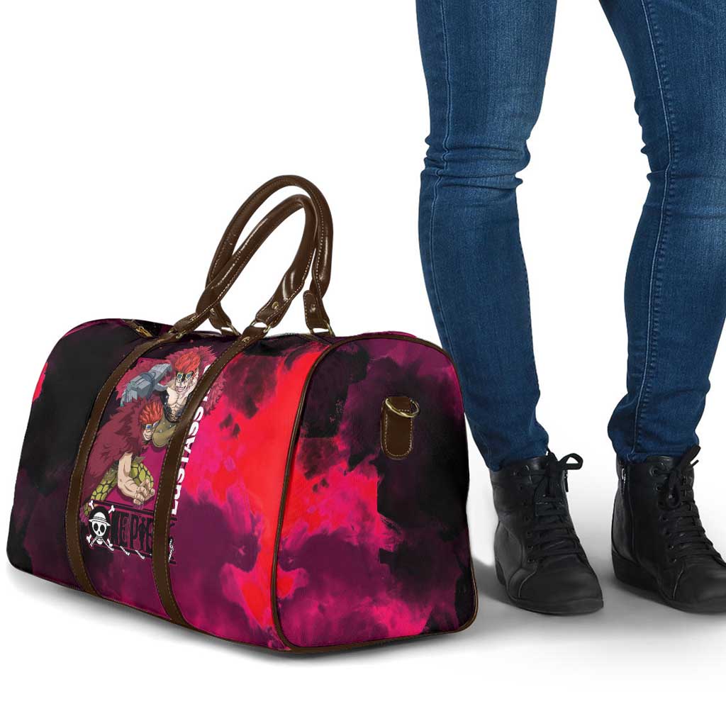 Eustass Kid One Piece Theme Red and Black Grunge Design Travel Bag with Mechanical Arm and Pirate Emblem - The Mazicc