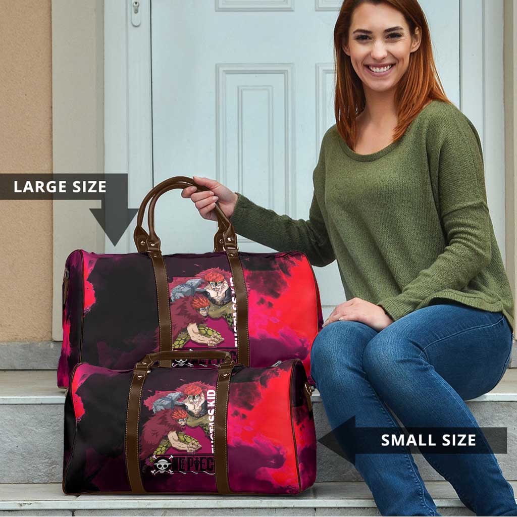 Eustass Kid One Piece Theme Red and Black Grunge Design Travel Bag with Mechanical Arm and Pirate Emblem - The Mazicc