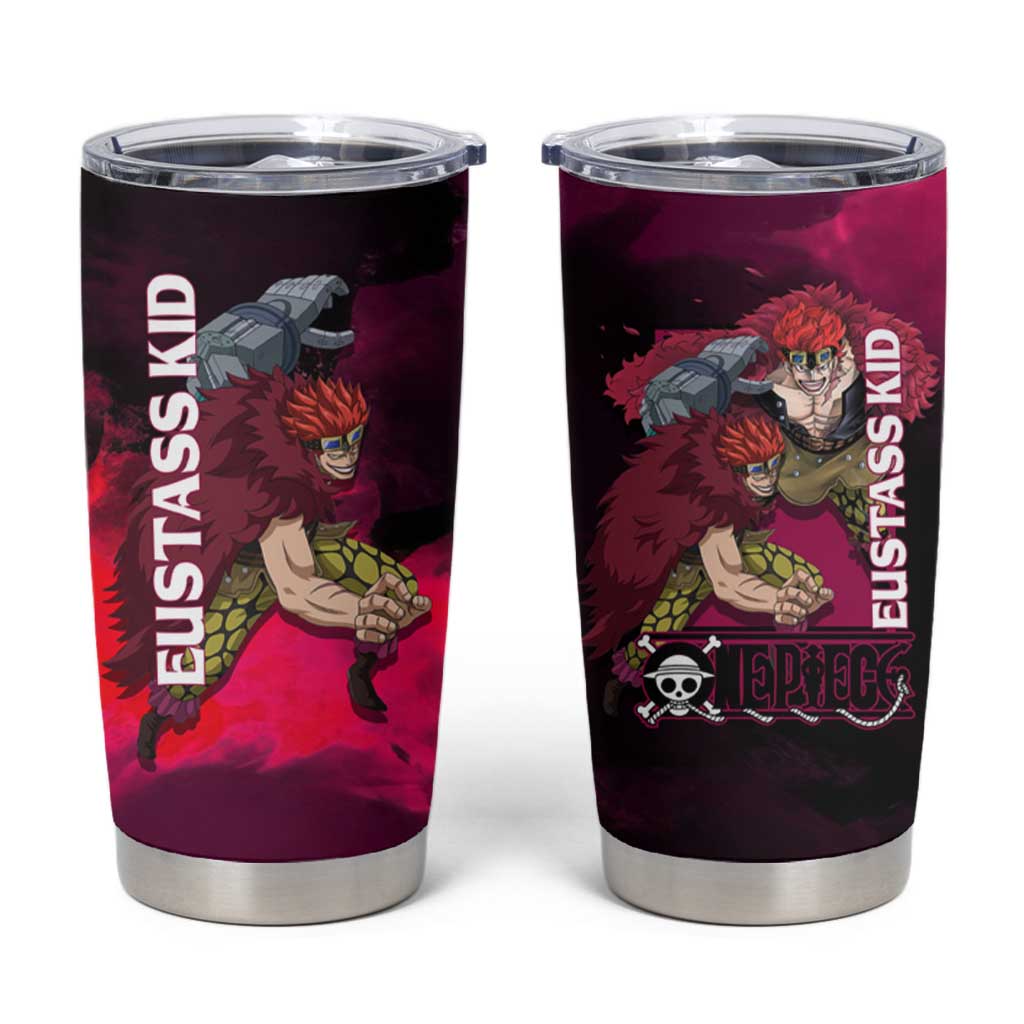 Eustass Kid One Piece Theme Red and Black Grunge Design Tumbler Cup with Mechanical Arm and Pirate Emblem - The Mazicc