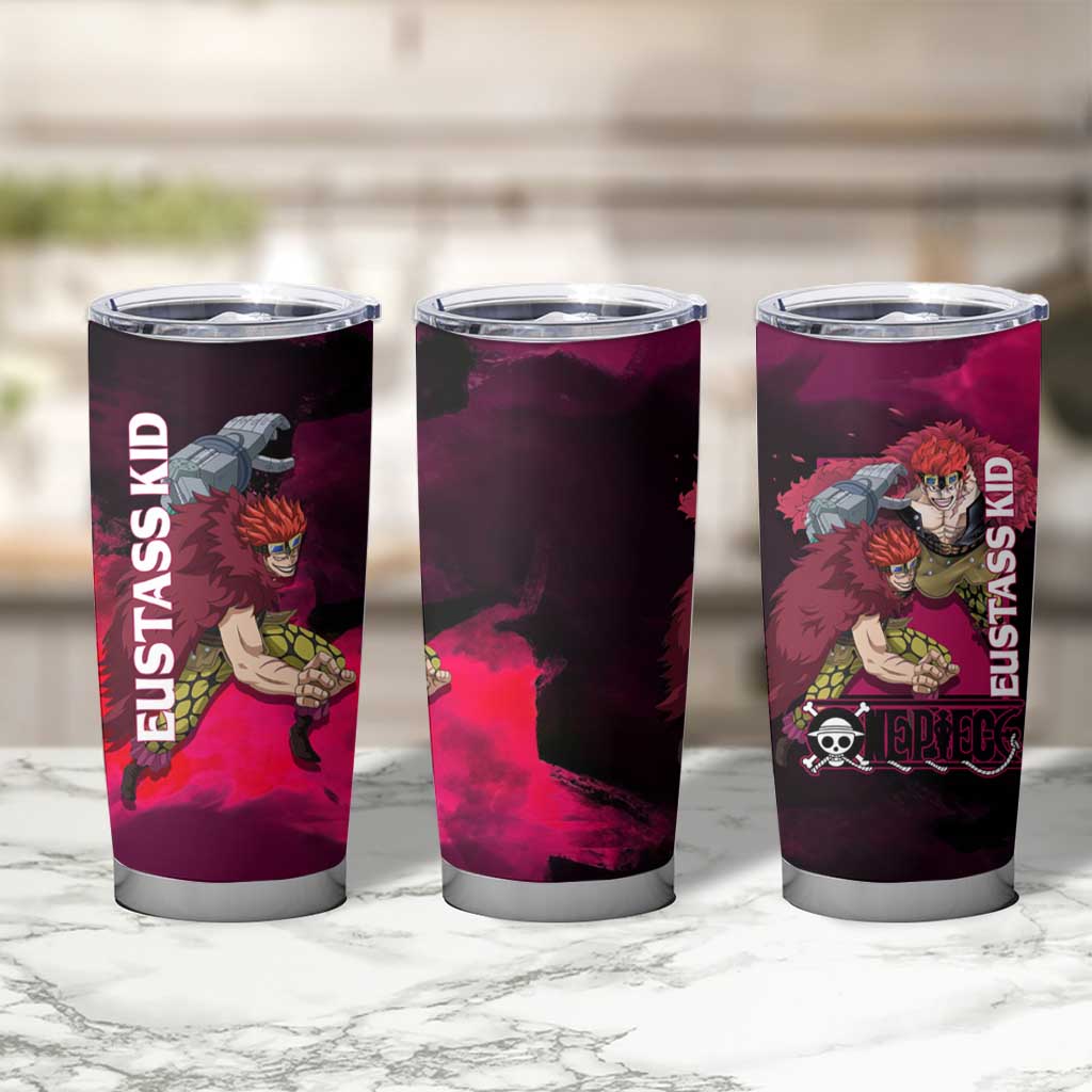 Eustass Kid One Piece Theme Red and Black Grunge Design Tumbler Cup with Mechanical Arm and Pirate Emblem - The Mazicc
