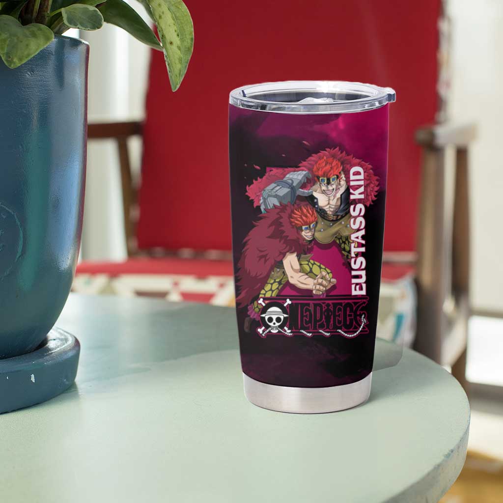 Eustass Kid One Piece Theme Red and Black Grunge Design Tumbler Cup with Mechanical Arm and Pirate Emblem - The Mazicc