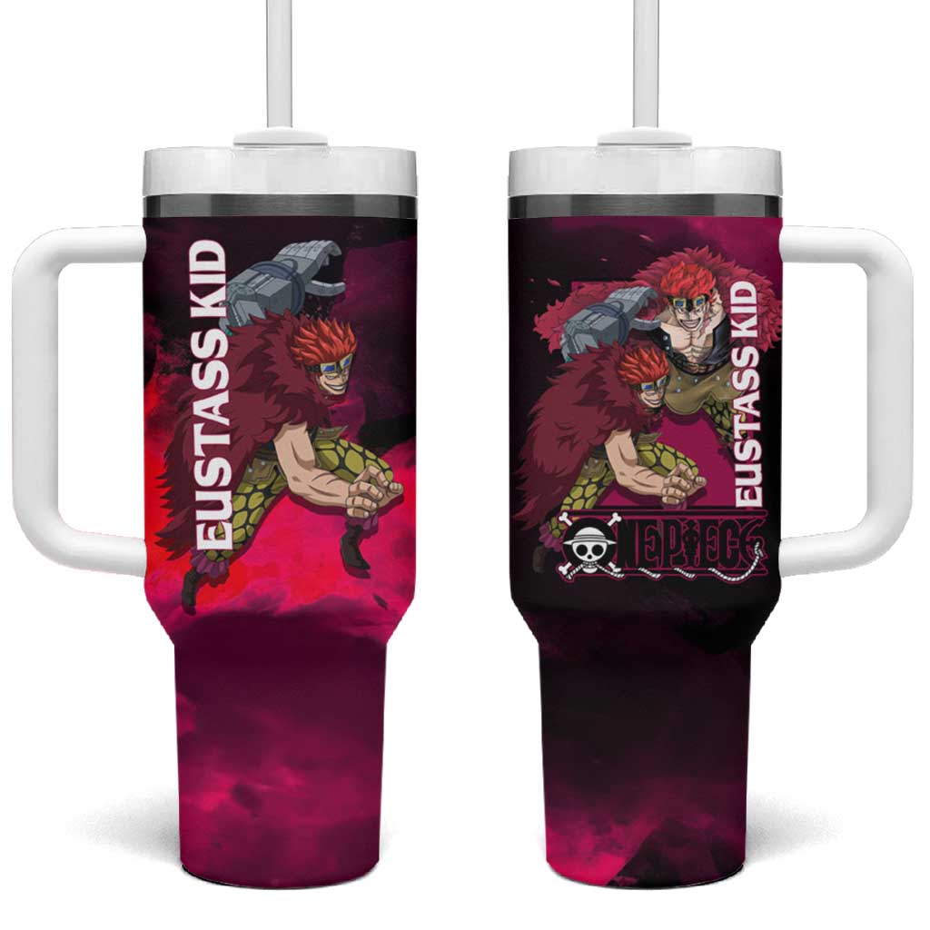 Eustass Kid One Piece Theme Red and Black Grunge Design Tumbler With Handle with Mechanical Arm and Pirate Emblem - The Mazicc