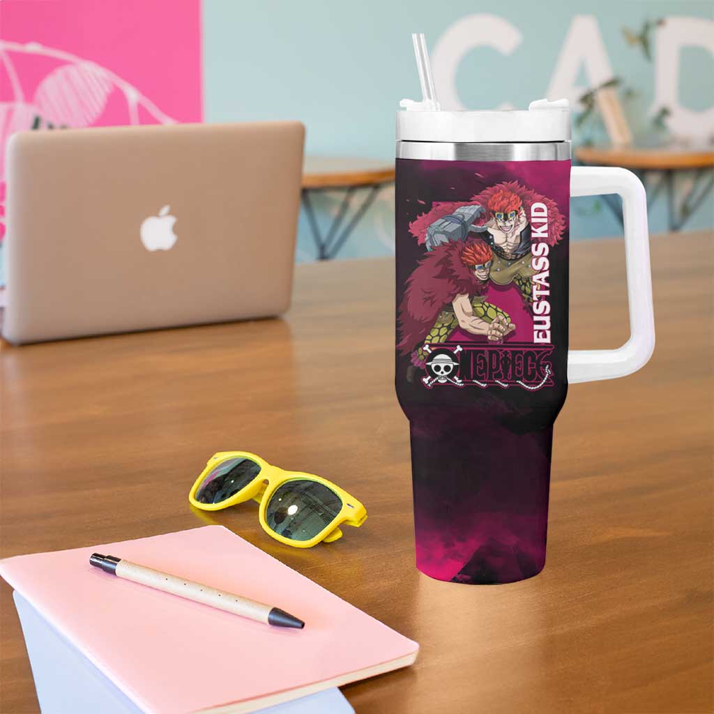 Eustass Kid One Piece Theme Red and Black Grunge Design Tumbler With Handle with Mechanical Arm and Pirate Emblem - The Mazicc