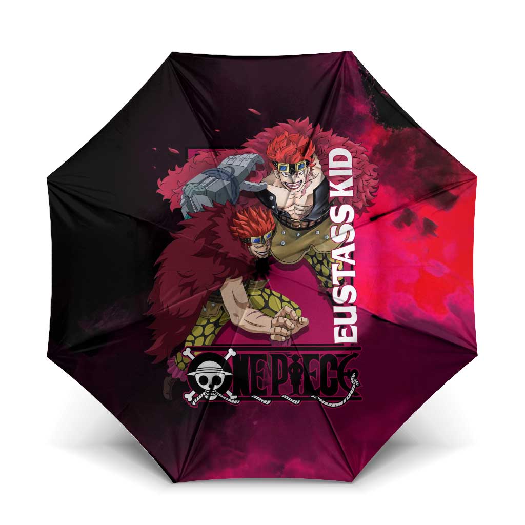 Eustass Kid One Piece Theme Red and Black Grunge Design Umbrella with Mechanical Arm and Pirate Emblem - The Mazicc