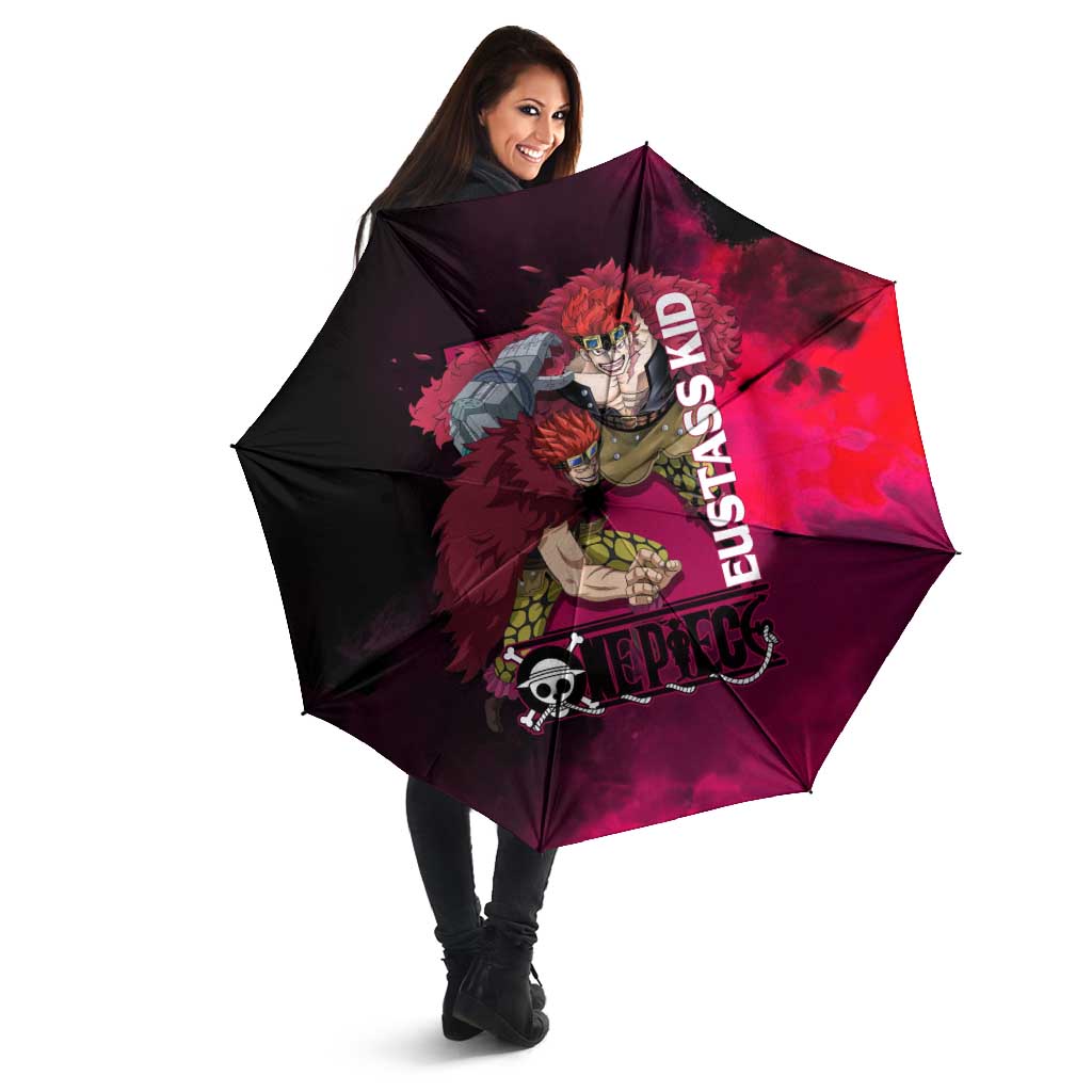 Eustass Kid One Piece Theme Red and Black Grunge Design Umbrella with Mechanical Arm and Pirate Emblem - The Mazicc
