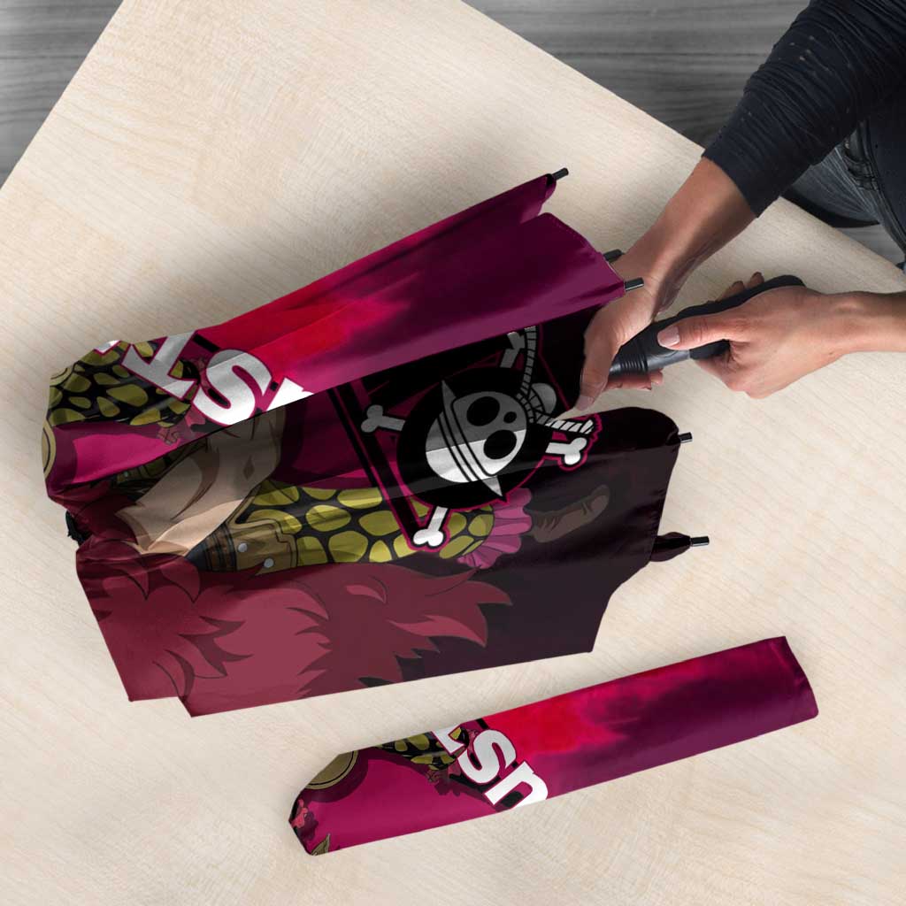 Eustass Kid One Piece Theme Red and Black Grunge Design Umbrella with Mechanical Arm and Pirate Emblem - The Mazicc