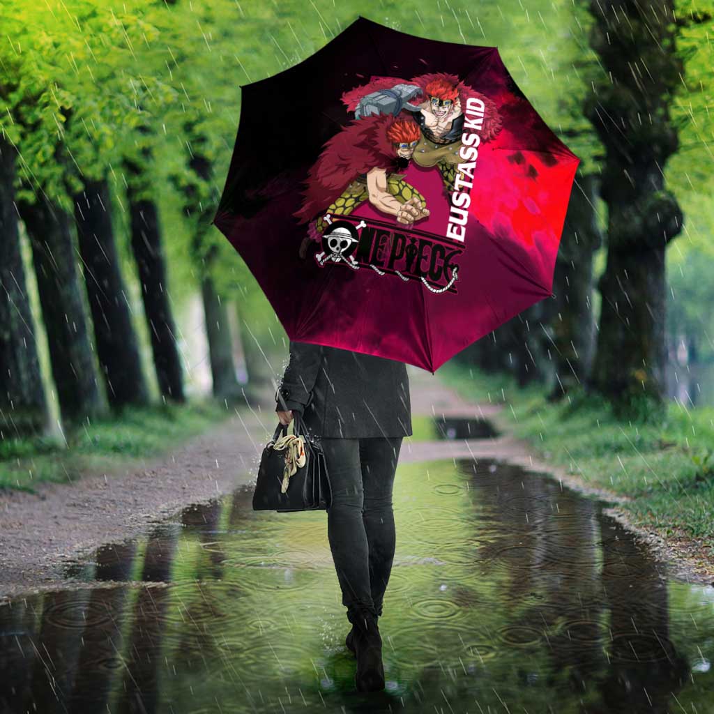 Eustass Kid One Piece Theme Red and Black Grunge Design Umbrella with Mechanical Arm and Pirate Emblem - The Mazicc