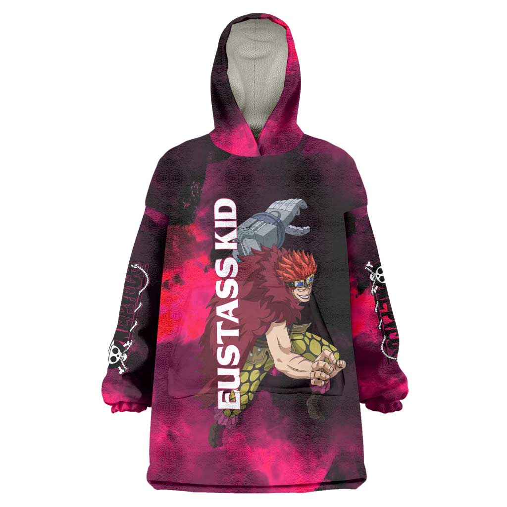 Eustass Kid One Piece Theme Red and Black Grunge Design Wearable Blanket Hoodie with Mechanical Arm and Pirate Emblem - The Mazicc