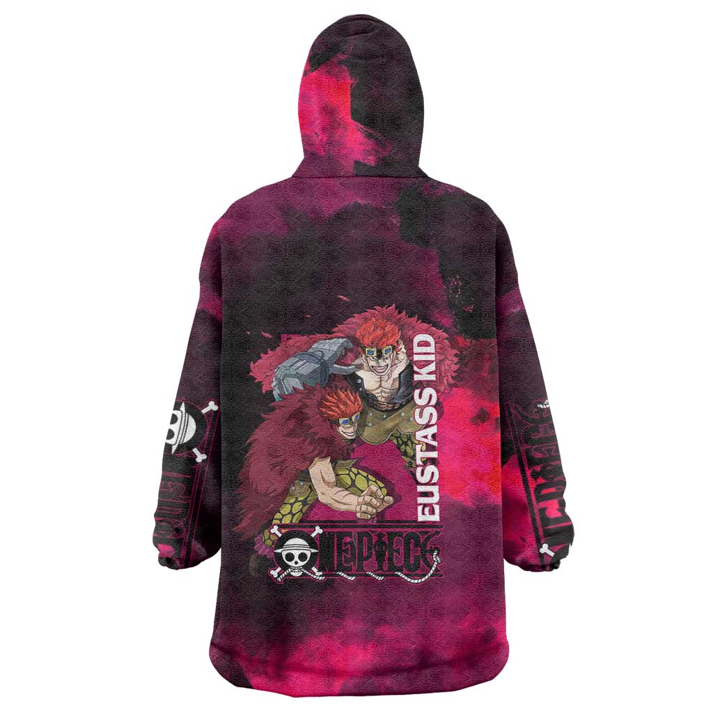 Eustass Kid One Piece Theme Red and Black Grunge Design Wearable Blanket Hoodie with Mechanical Arm and Pirate Emblem - The Mazicc