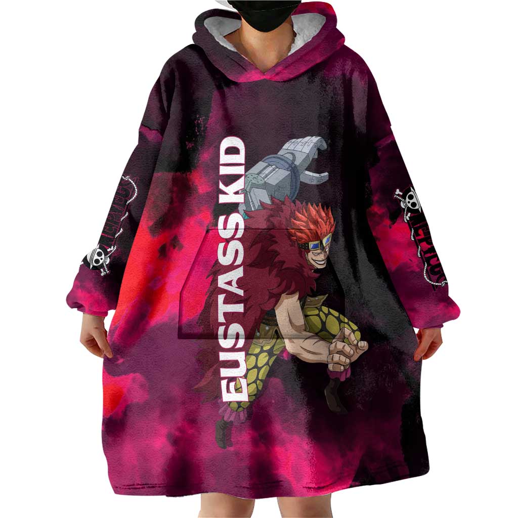 Eustass Kid One Piece Theme Red and Black Grunge Design Wearable Blanket Hoodie with Mechanical Arm and Pirate Emblem - The Mazicc