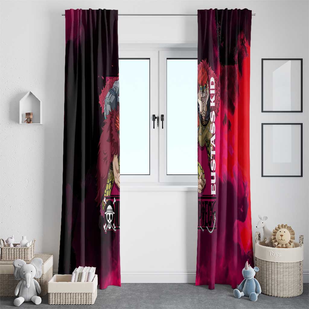 Eustass Kid One Piece Theme Red and Black Grunge Design Window Curtain with Mechanical Arm and Pirate Emblem - The Mazicc