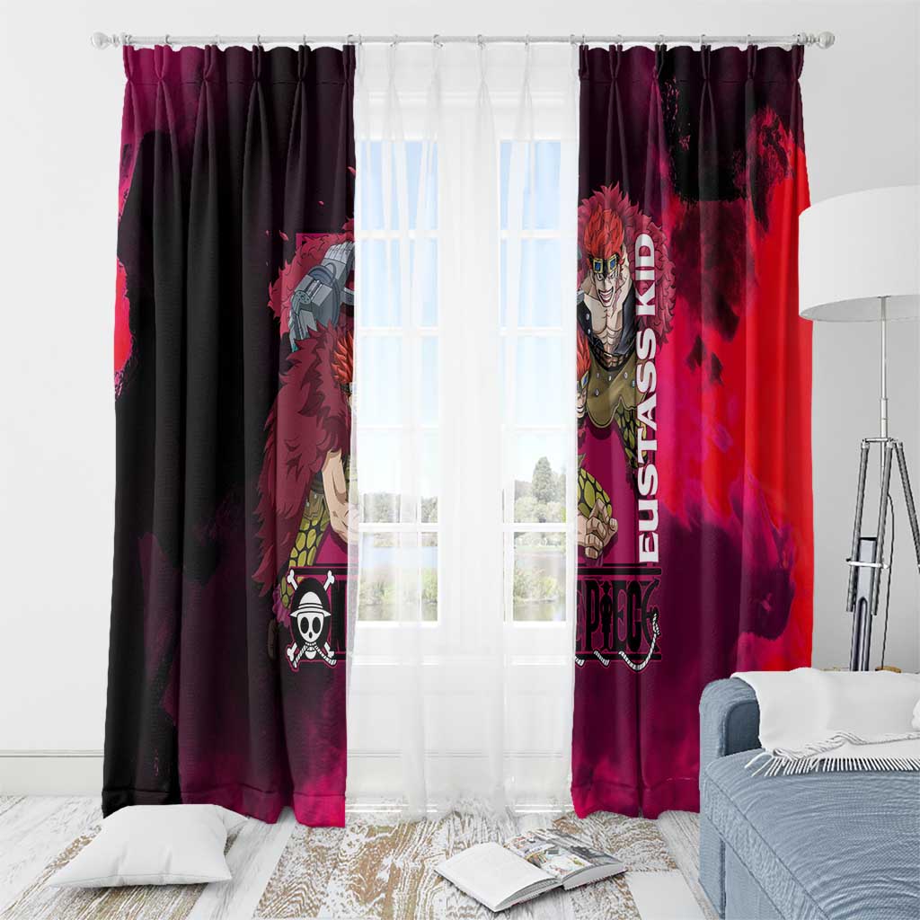 Eustass Kid One Piece Theme Red and Black Grunge Design Window Curtain with Mechanical Arm and Pirate Emblem - The Mazicc