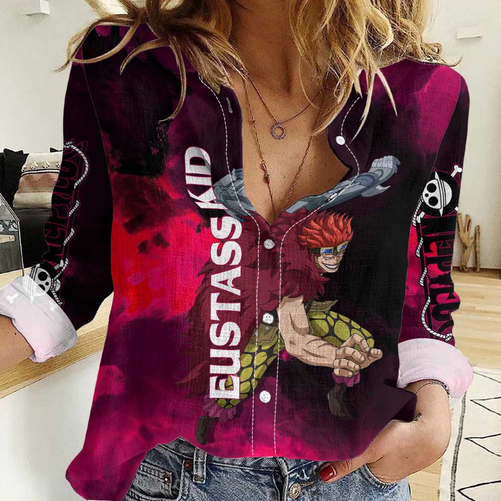 Eustass Kid One Piece Theme Red and Black Grunge Design Women Casual Shirt with Mechanical Arm and Pirate Emblem - The Mazicc